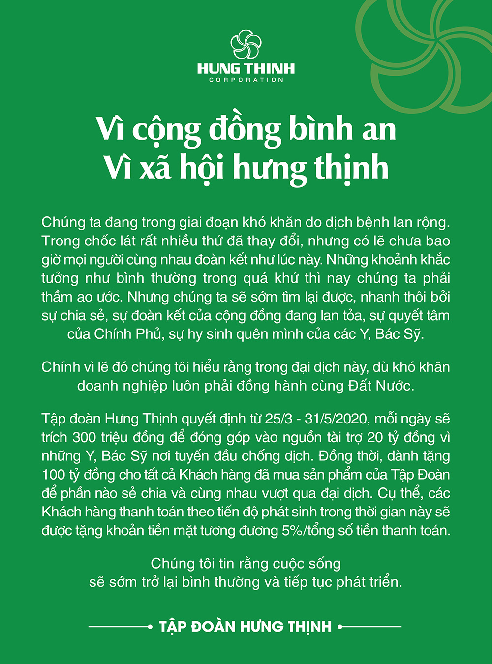 Hưng Thịnh Tài Trợ 20 Tỷ Đồng Cho Y, Bác Sỹ Nơi Tuyến Đầu Chống Dịch Và Dành Tặng Khách Hàng 100 Tỷ Đồng